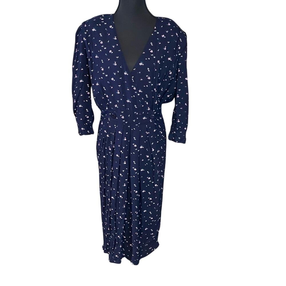 Vintage 80s 90s REO Navy Blue Dress with floral Pattern union made USA size 8